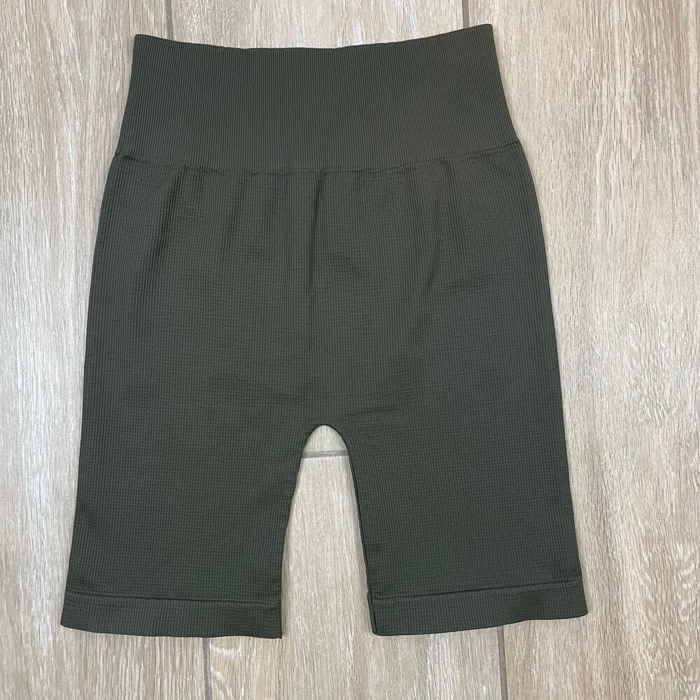 Avocado Olive Waffle Knit Biker Shorts Womens S/M High Rise Ribbed Active